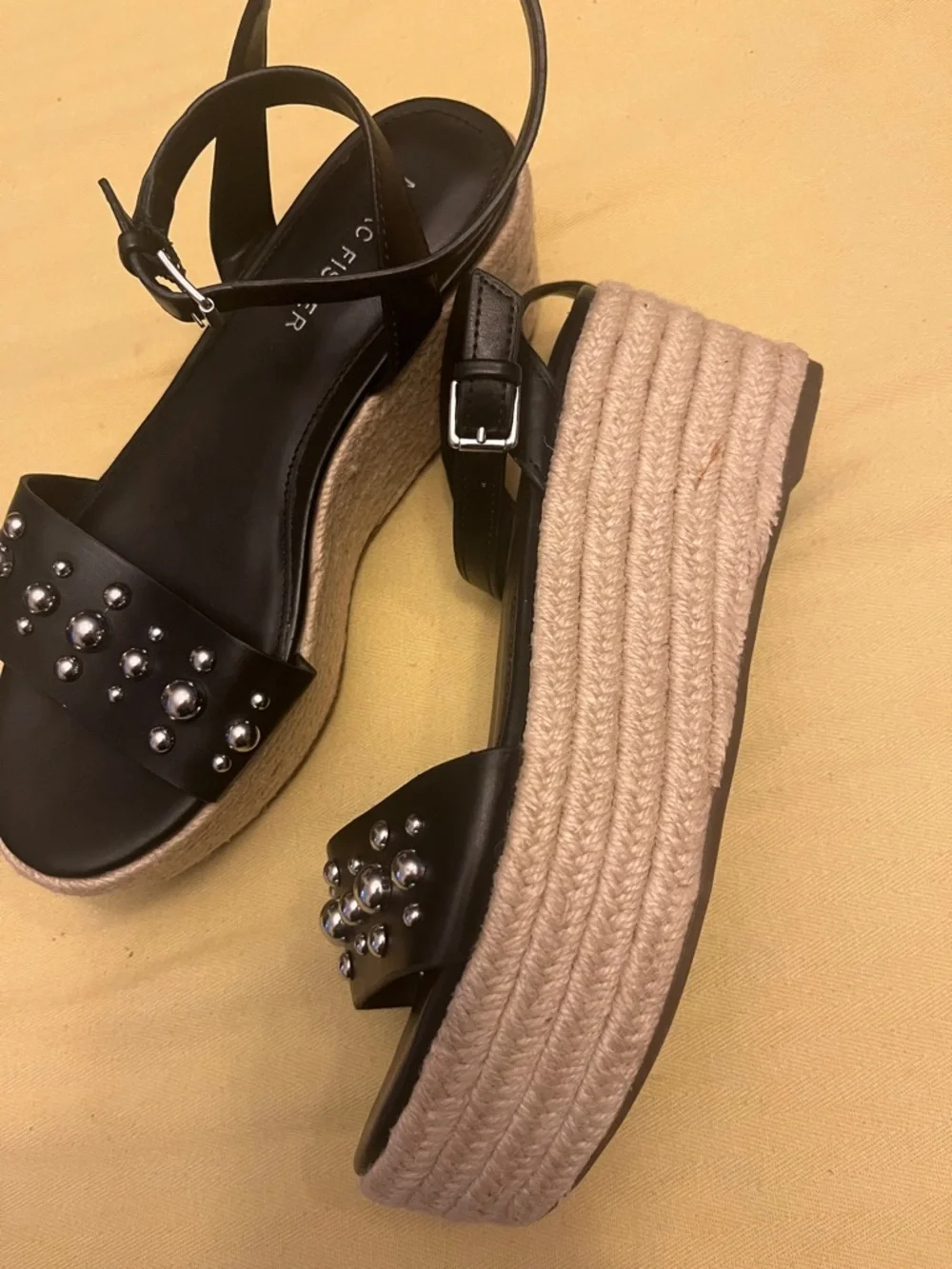 Marc Fisher Black Studded Espadrille Wedge Sandals with Ankle Strap size 6